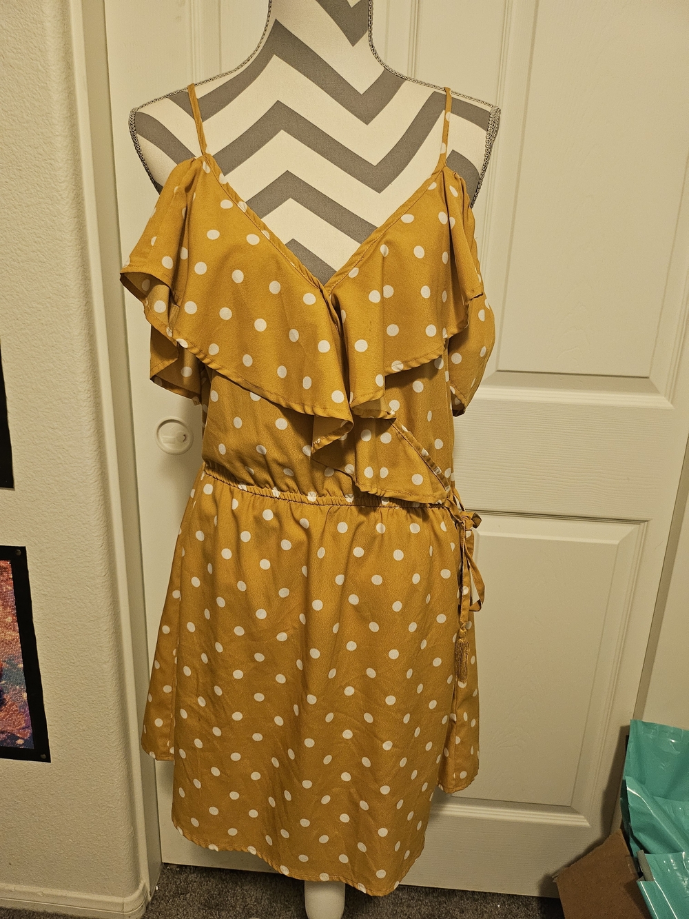 Mustard Yellow Polka Dot Ruffle Wrap Dress